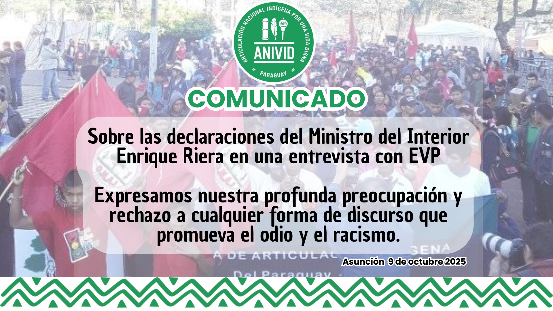 Comunicado a la ciudadanía sobre las declaraciones del Ministro del Interior Enrique Riera en una entrevista con EVP