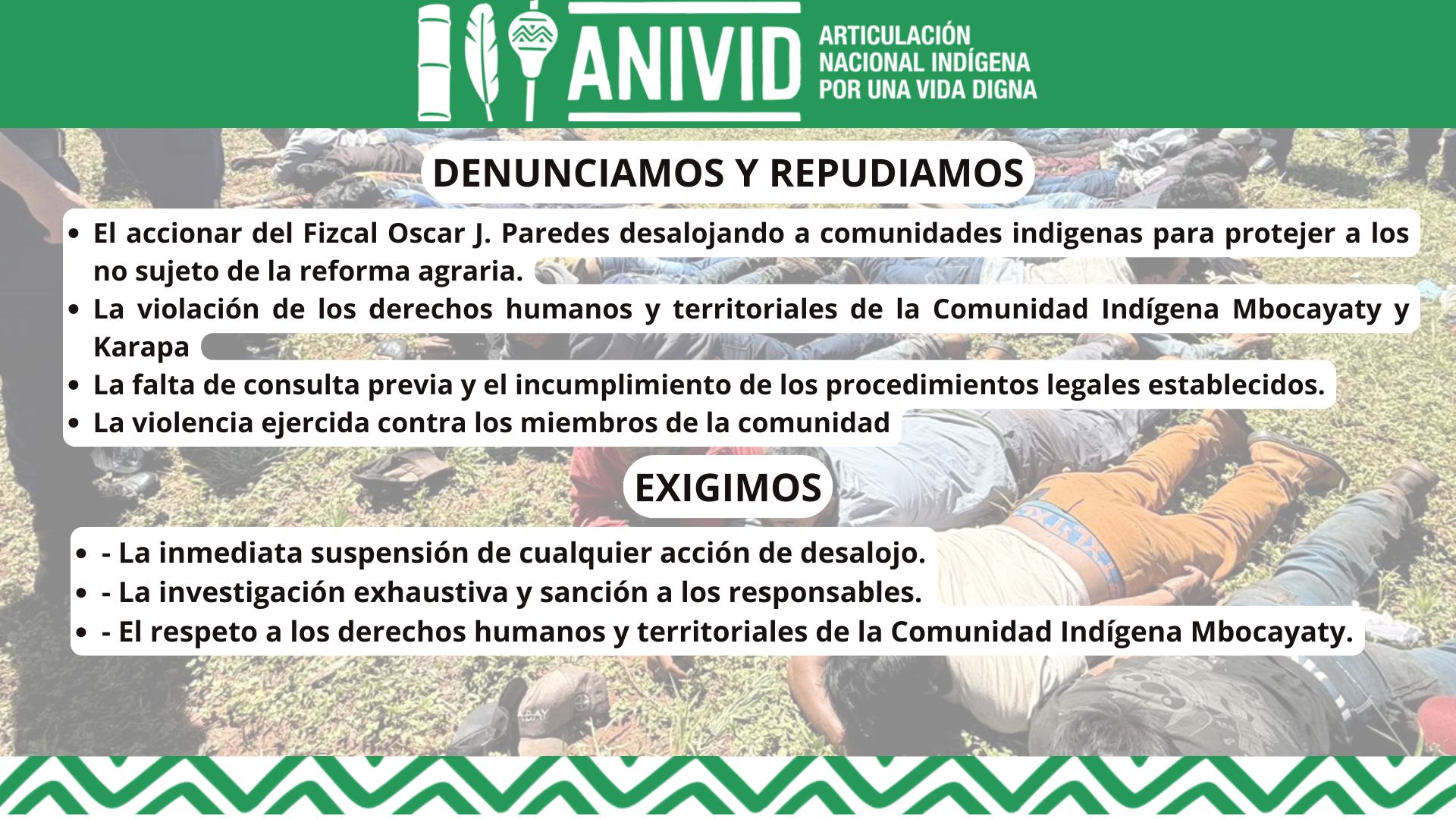 Repudiamos el violento desalojo sufrido por la Comunidad Indígena Mbocayaty, del departamento de Canindeyú, distrito de Katueté.